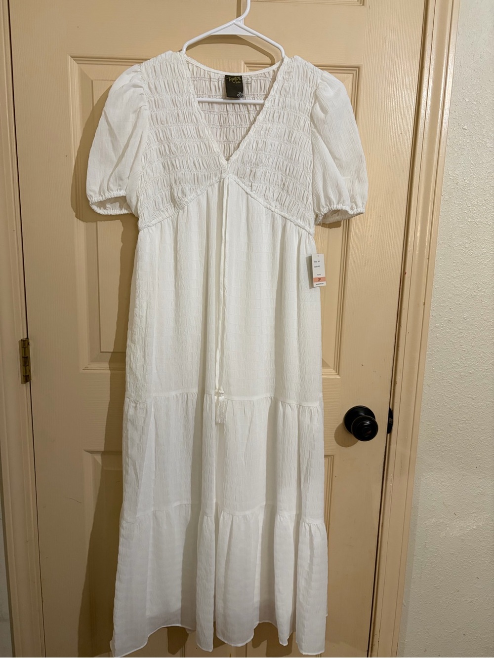 Taylor White Smocked V‑Neck Maxi Dress